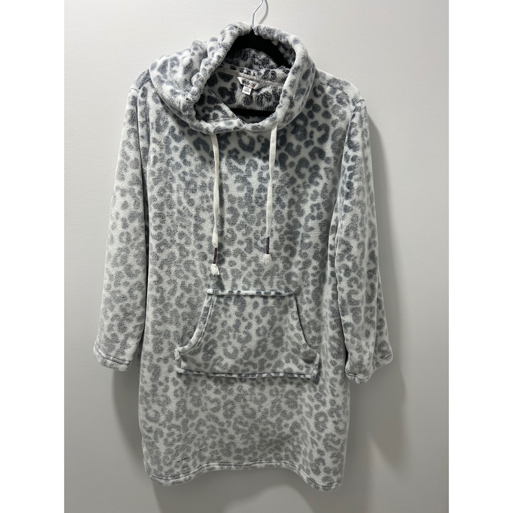 Wildfox Leopard Print Fleece Long Hoodie Cozy Lounge Wear Grey White S/M